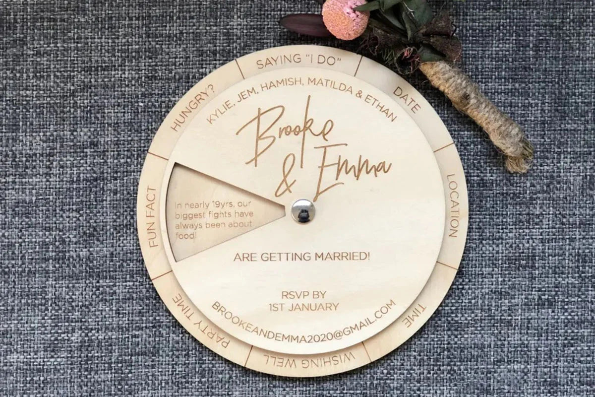 Interactive wedding invitations from The Laser Cutting Studio using Hoop Pine